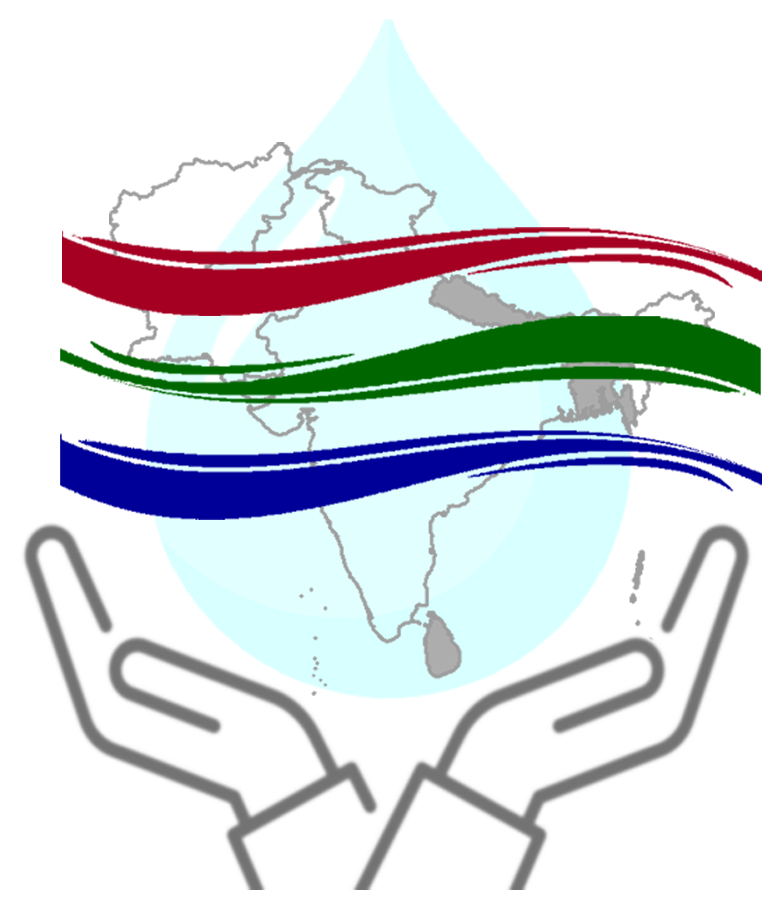 Project logo: water droplet with South Asia map, three colored waves, and hands